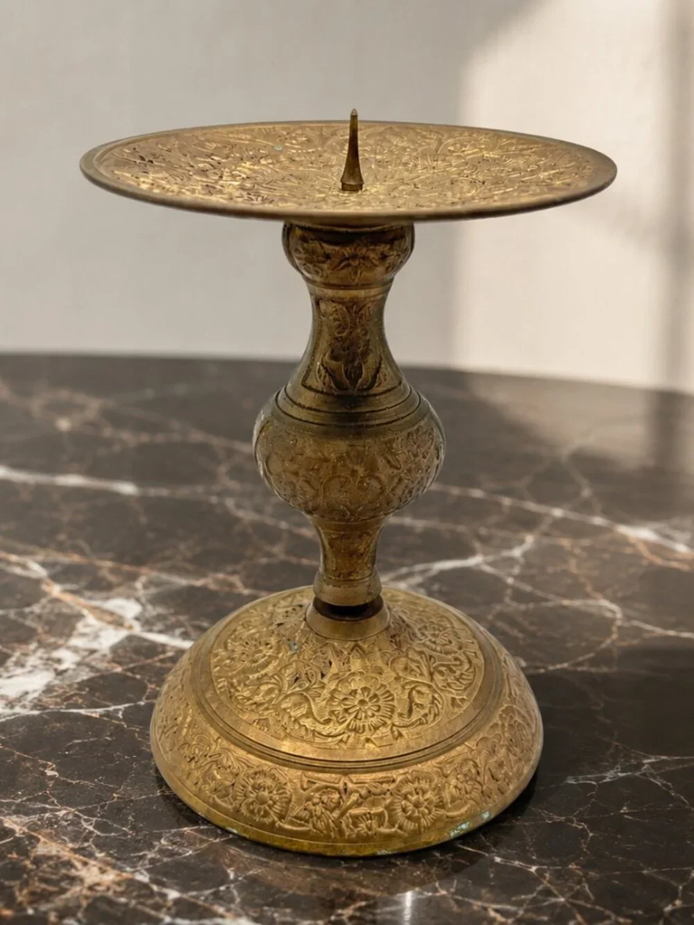 Vintage Ornate Brass Candle Holder Floral Engraved Pedestal Candlestick 5.5